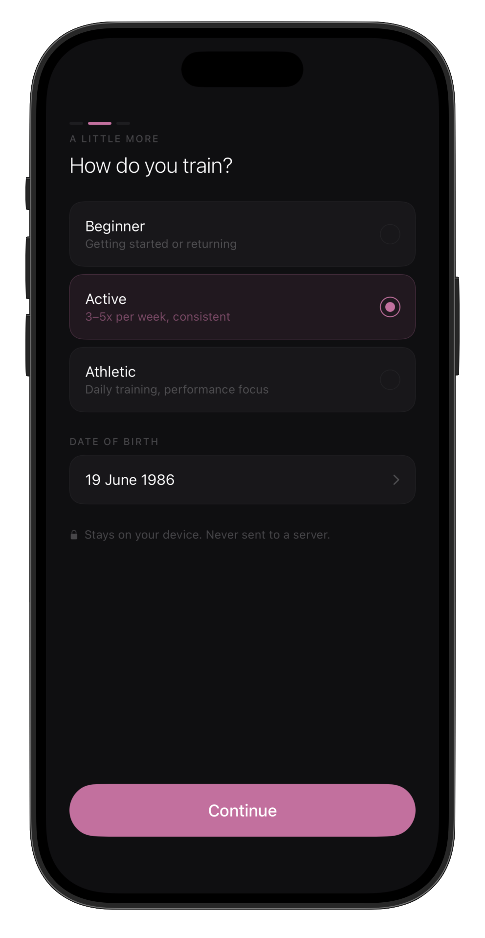 Nourava onboarding screen for choosing training level and date of birth